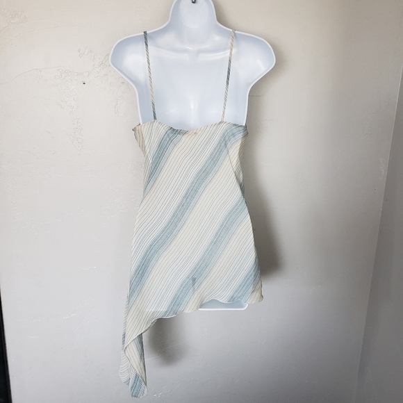 Candie's Vintage Medium Chiffon Tank Top Beige Blue Stripes Asymmetrical Hem Y2K - Picture 5 of 6